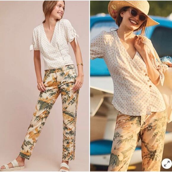 Anthropologie Chino Pants sz 28 Relaxed Printed Botanical Tropical Yellow Green - Picture 1 of 11